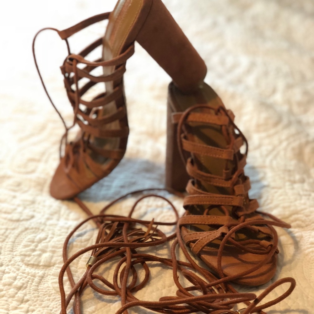 Forever 21 peach/tan suede leg wrap wedges